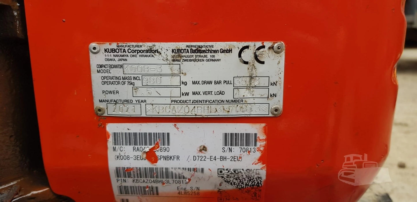 Mini-Pelle Kubota K008-3 – 2021 – Ultra-compacte, fiable, prête à l’emploi