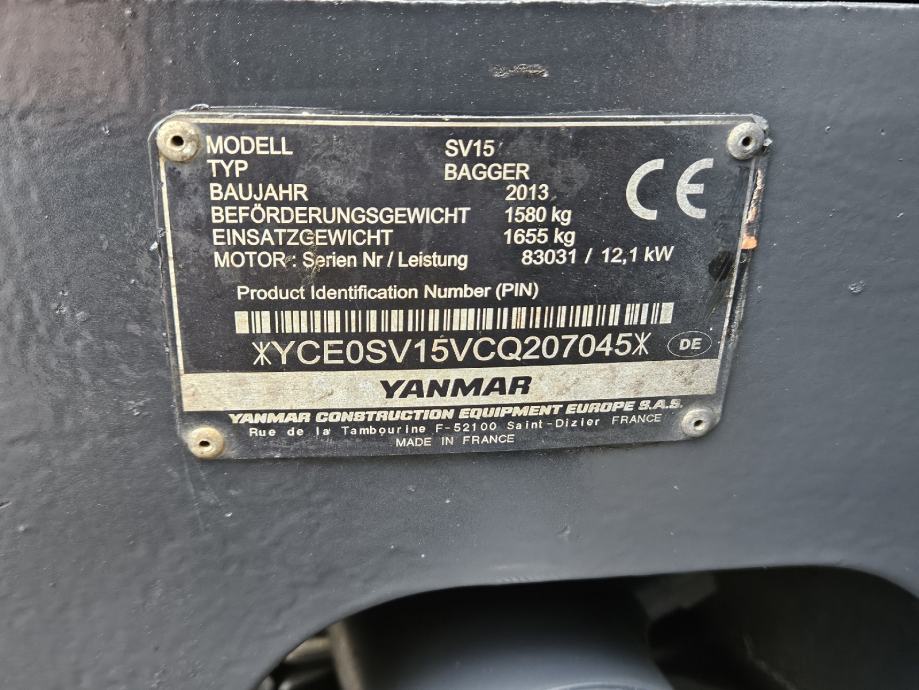 Mini-Pelle Yanmar SV15 – 2013 – 1,58T – Révisée, Cabine Chauffée, Garantie